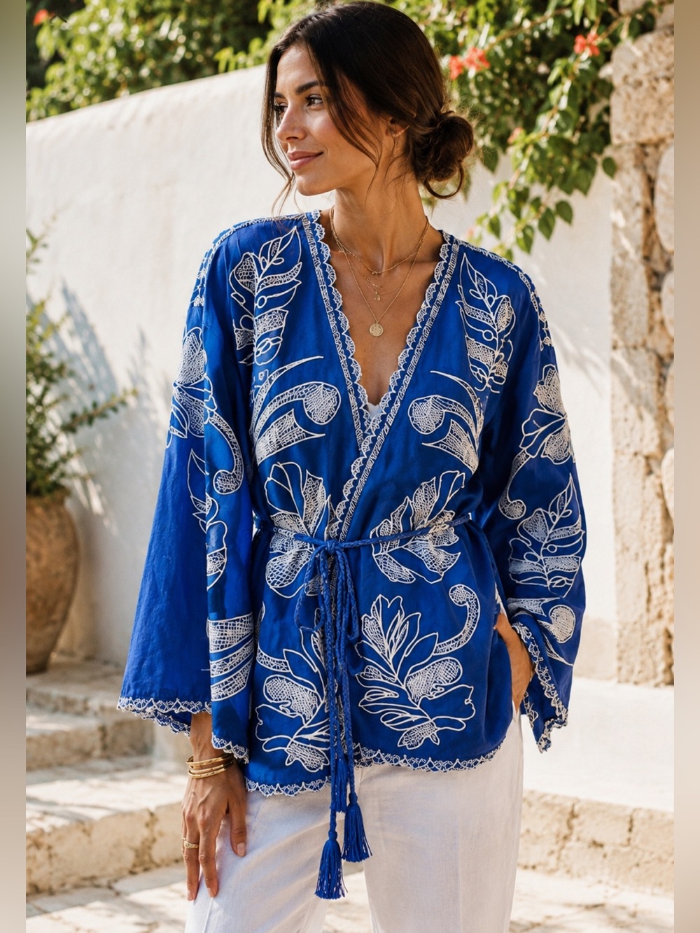 JOHNNY WAS Jodie Embroidered Easy Jacket Divine Oasis Blue Size L NEW